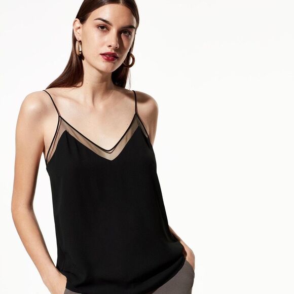 Aritzia Babaton Galen Black Mesh Trim Drapey V-Neck Cami Tank Top Blouse Medium - Picture 1 of 6